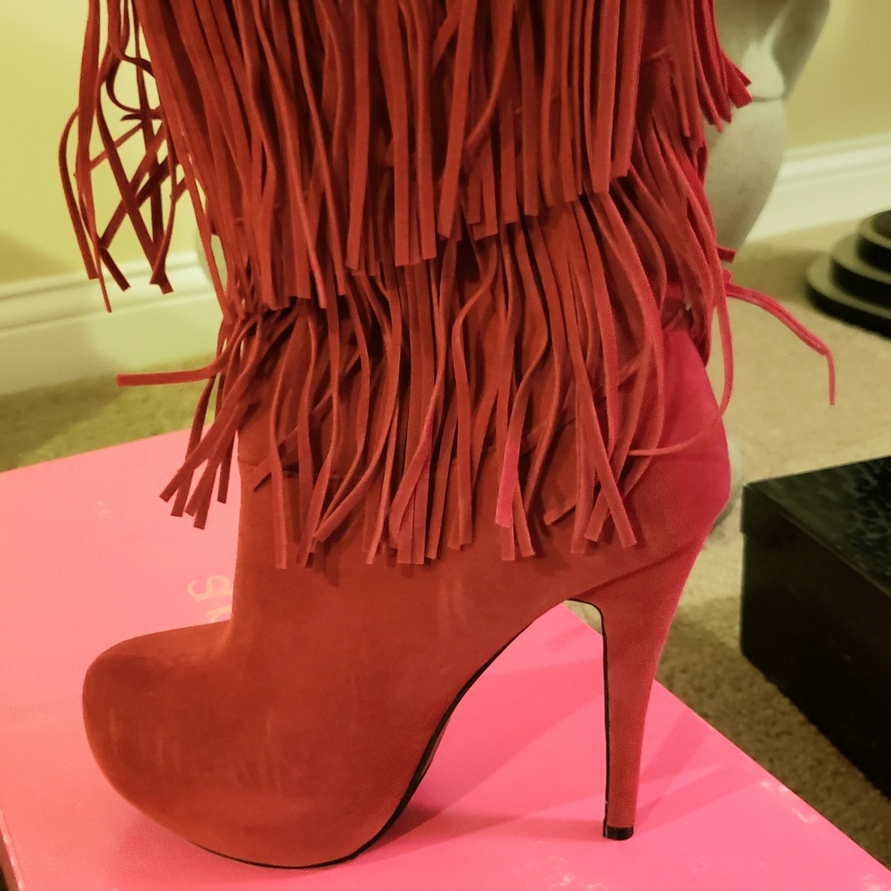 Red Suede Fringe Knee High Boot